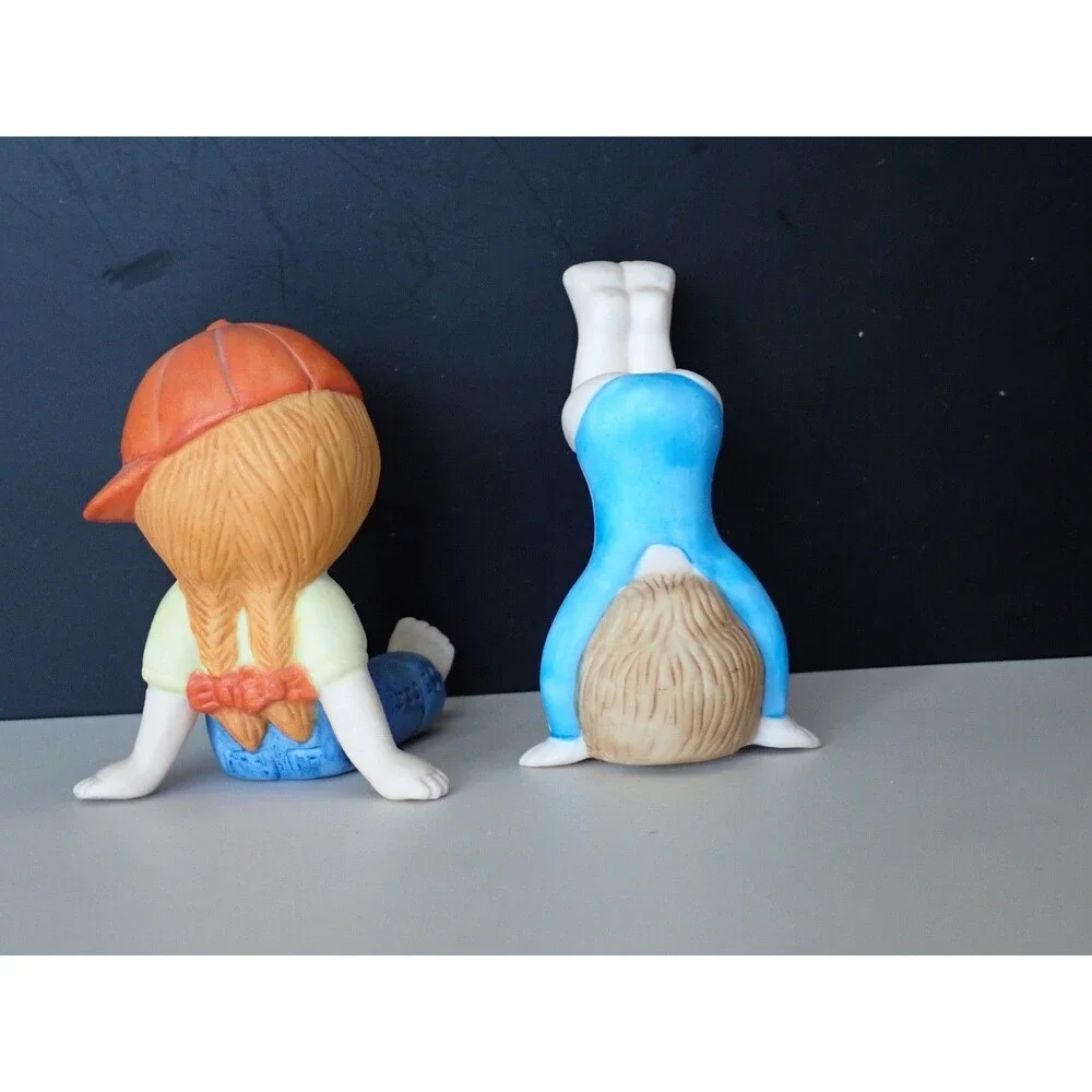 ENESCO Boy & Girl Playing Porcelain Figurine Bisque Set of 2 Vintage 1981 & 1983